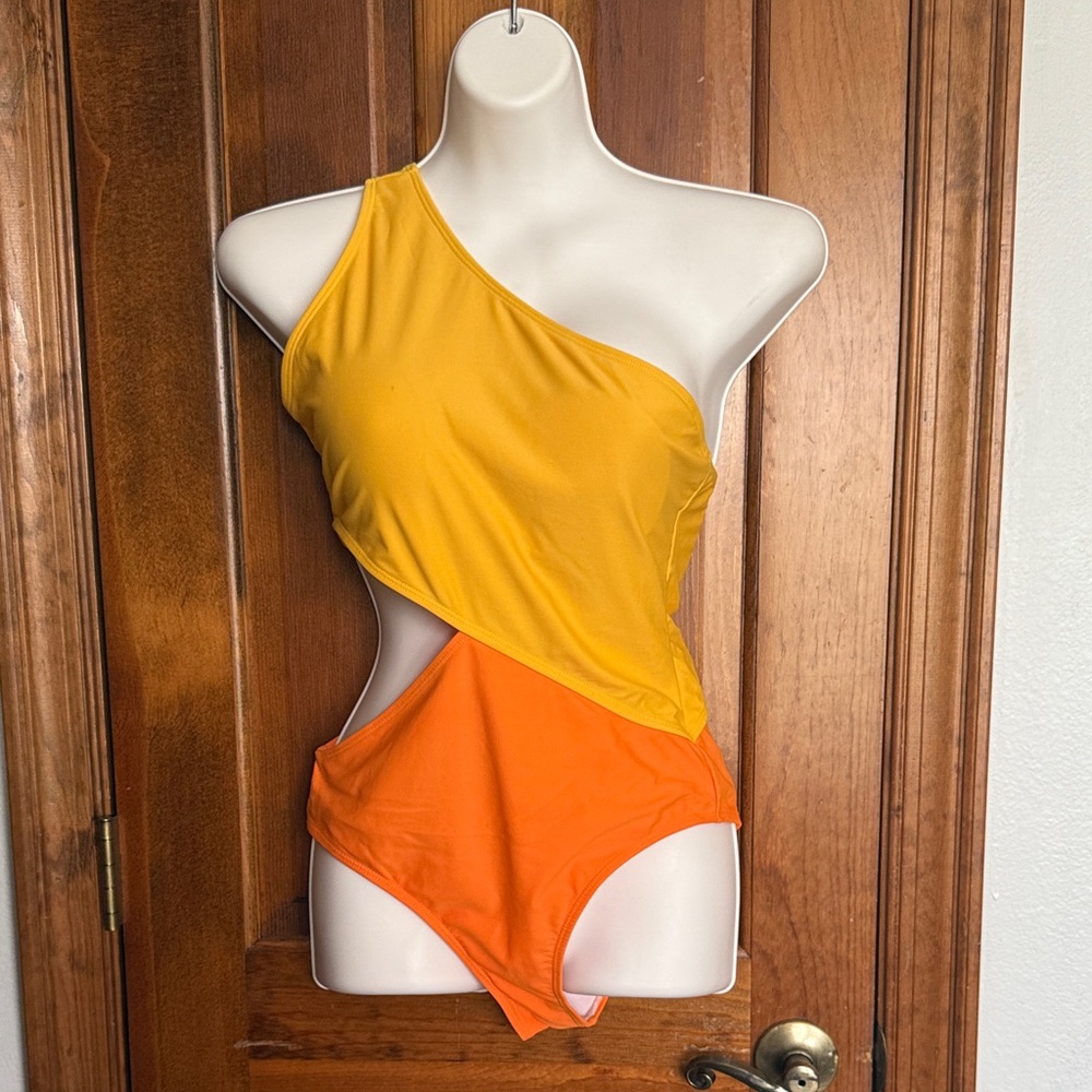 SHEIN Yellow and Orange One-Shoulder Swim One Piece